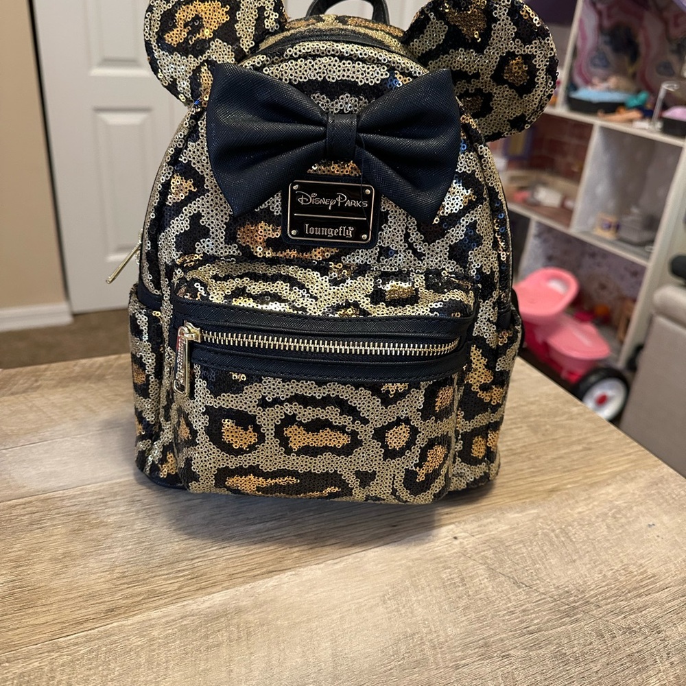 Disney Leopard Sequin loungefly Mini Backpack in Black & Gold